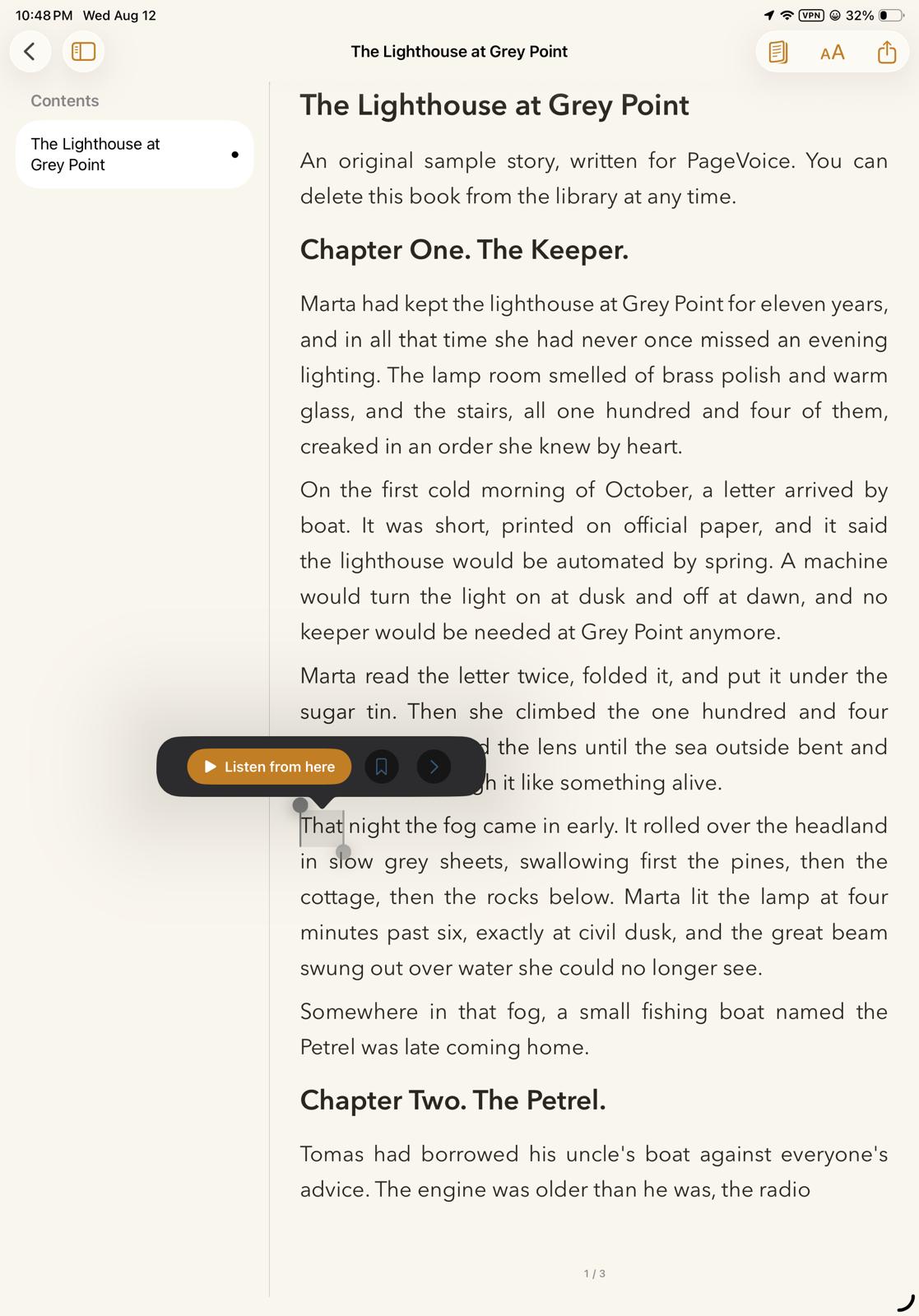 LeafWave reader on iPad with selected passage and Listen from here controls