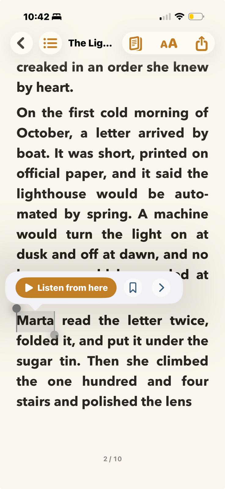 LeafWave reader on iPhone with selected text and Listen from here controls