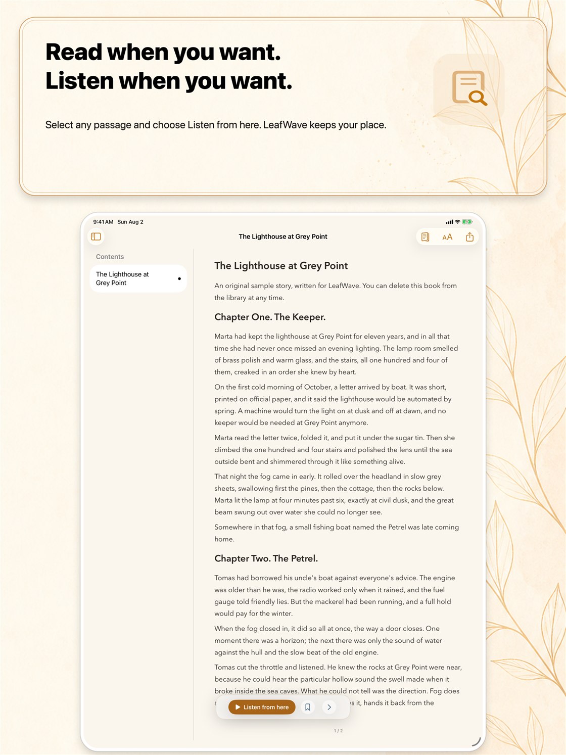 Read → listen → read shown in LeafWave on iPad