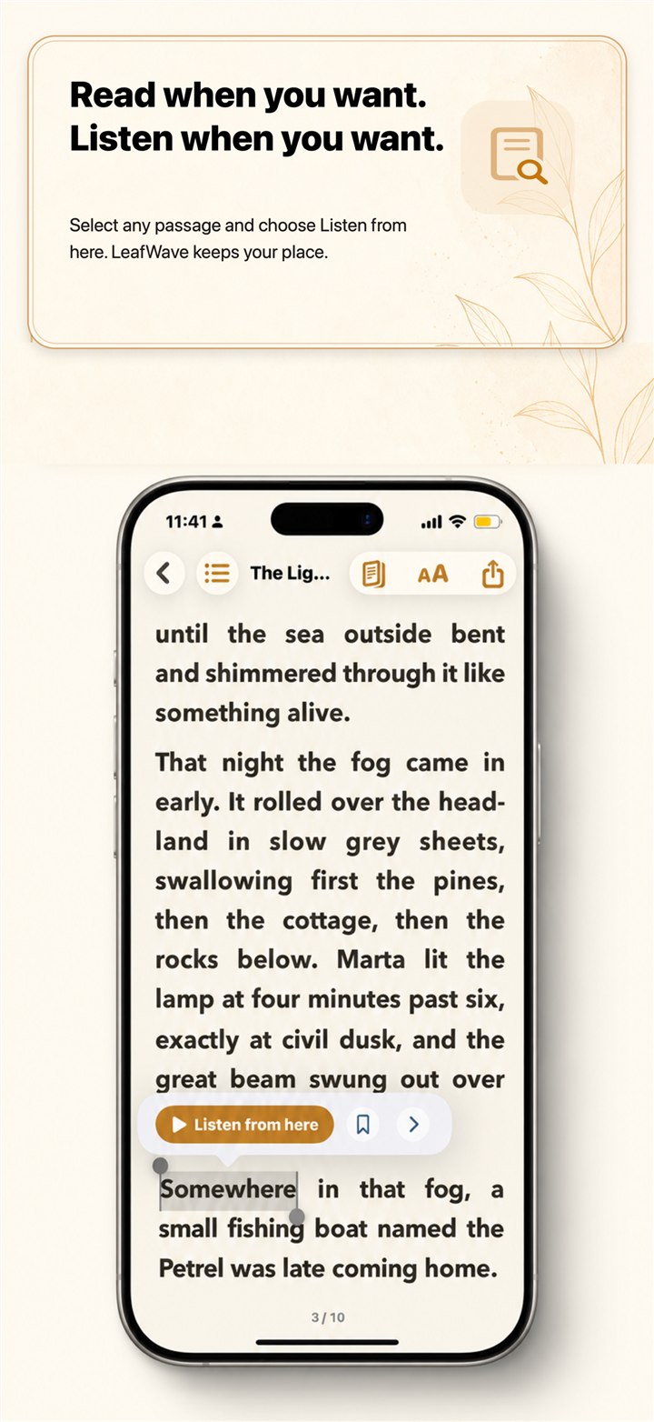 Read → listen → read shown in LeafWave on iPhone