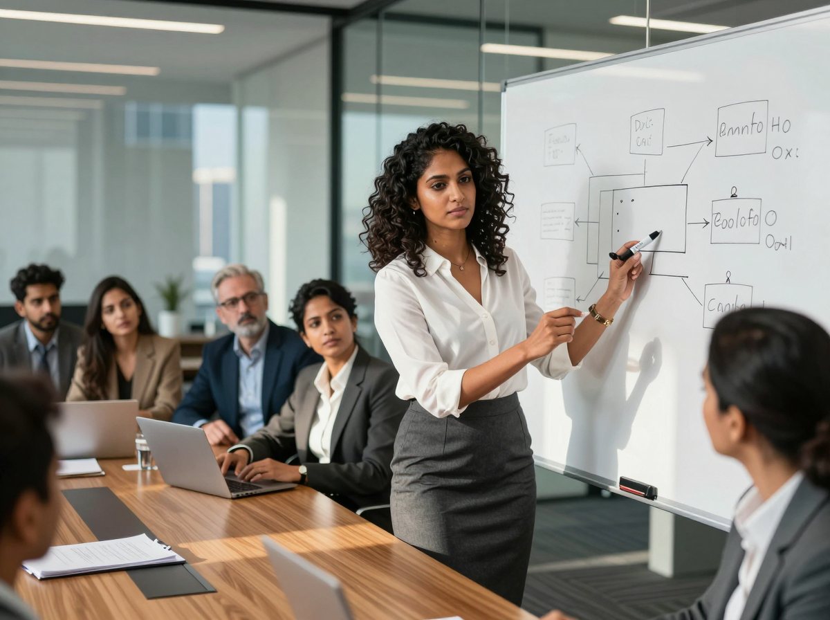 Priya in professional business attire giving a presentation at a white board during a corporate meeting.