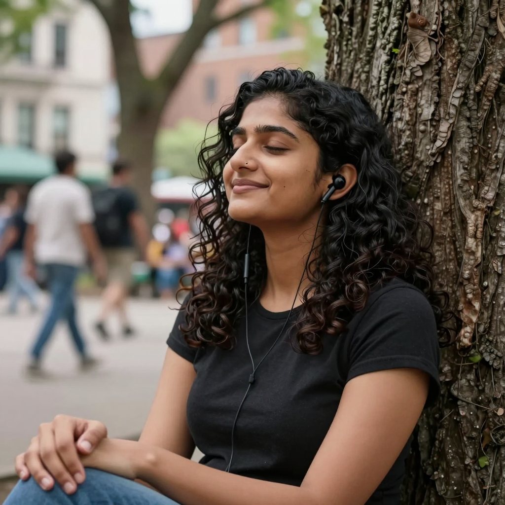 Priya leaning against a tree in a busy park with headphones on.