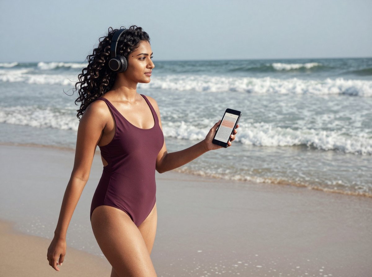 Priya walking on a beach wearing headphones and looking at the ocean, holding an iPhone with a pastel-orange highlighted line in an e-reader app